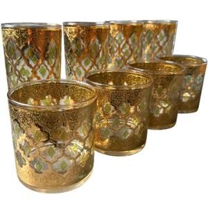Vintage 60s Culver Valencia 4 Highball and 4 Lowball MCM 22K Gold Glasses